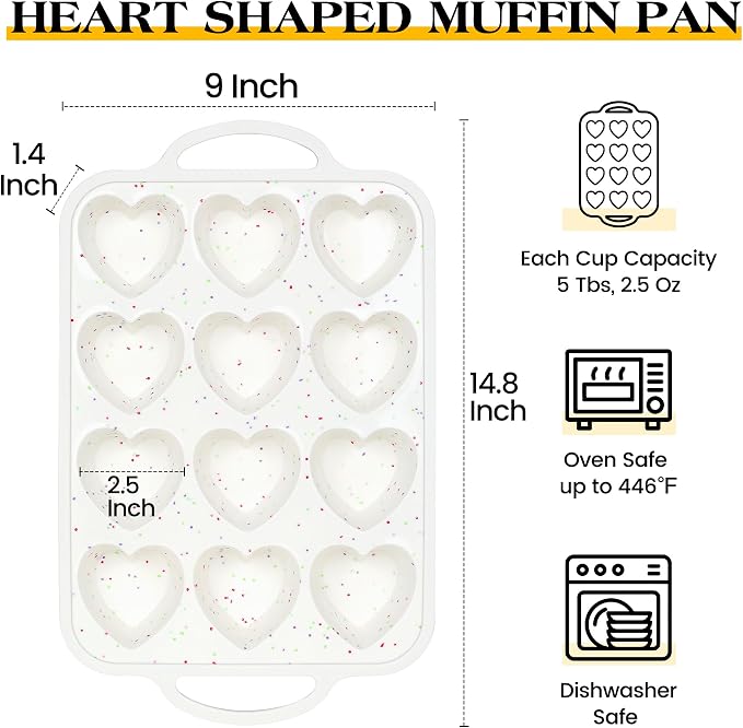Heart Shaped Muffin Pan, 12 Cup, 2.5 Inch, Cream | Metal Reinforced Frame, Nonstick Silicone, Heart Cake Mold for Baking, Cupcake Tray - Image 4