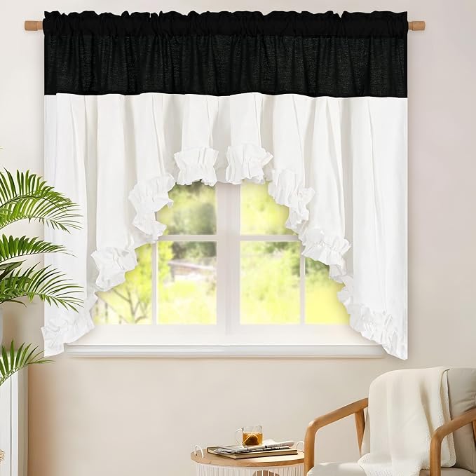 Likiyol Linen Swag Curtains Farmhouse Ruffle Valances for Windows Rustic Country Window Valances Light Filtering Kitchen Curtains Rod Pocket Valance for Bathroom Cafe, Black White, 60" W x 36" L - Image 8