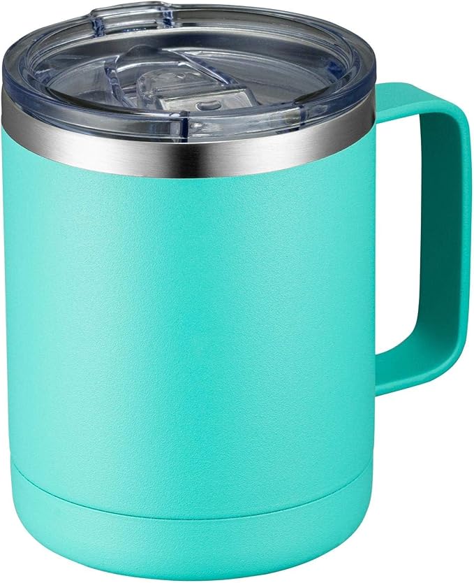 MEWAY 12oz Coffee Mug With Handle and Sliding Lid,Stainless Steel Travel Tumbler Cup with Handle,Double Wall Vacuum Insulated Camping Cup for Hot & Cold Drinks Tea (Light Green,Set of 1 by MEWAY