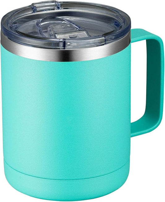 MEWAY 12oz Coffee Mug With Handle and Sliding Lid,Stainless Steel Travel Tumbler Cup with Handle,Double Wall Vacuum Insulated Camping Cup for Hot & Cold Drinks Tea (Light Green,Set of 1 by MEWAY