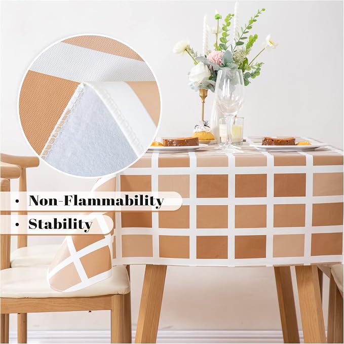 FIFTY FEET 84 * 60 Inch Rectangle Tablecloth, Vinyl Tablecloth with Flannel Backing for Rectangle Tables Waterproof, Plastic Picnic Table Cover for Dining Table/Buffet Parties/Camping(Brown Plaid) - Image 8