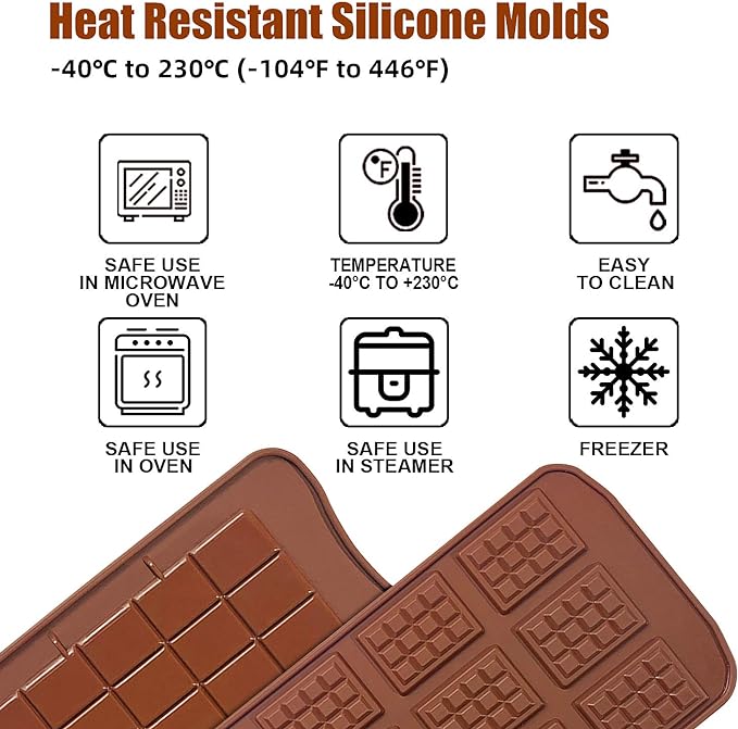 Walfos Break-Apart Chocolate Molds, Non-Stick Silicone Chocolate Bar Mold, Food Grade Candy Bar Mold, Perfect for Energy Bar, Cocoa Mini Bar, Basic Bites, 2 Pack