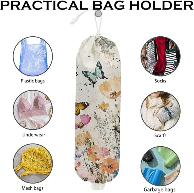 Vintage Floral Plastic Bag Holder, Wall Mount Trash Bag Holder 22.5x9 Inch | Summer Floral Reusable Grocery Bags Storage Dispenser for Home Kitchen Pantry Farmhouse, Butterfly Gifts for Women - Image 3
