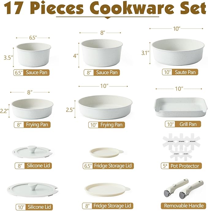 SENSARTE 17 Piece Nonstick Detachable Handle Pots and Pans Set White | Removable Handle Cookware Set, Induction Cookware Set with Removable Handle, Healthy Non Stick for RV, Dishwasher ＆ Oven Safe - Image 2