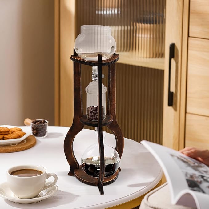Cold Brew Coffee Maker & Iced Coffee Drip Tower, 600ml Wooden Slow Drip Coffee Maker for 6-8 Cups, Cold Brew Iced Tea Maker Machine for Home Office Use