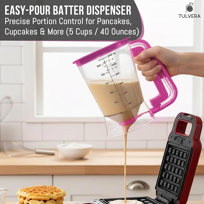 Pancake Batter Dispenser | 5-Cup Mix Pourer for Pancakes, Waffles, Crepes, Muffins, Cupcakes | Squeeze Handle, Portion Control Pitcher, Durable Drip-Free Design | Baking Accessories (Raspberry Purple) - Image 3