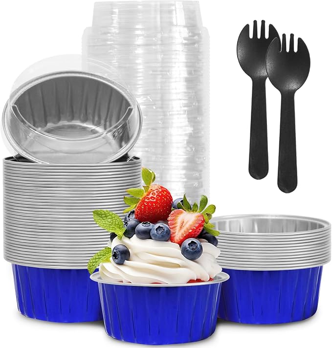 4th of July 50Pcs Mini Aluminum Foil Cupcake,5oz Baking Cups with Lids | Blue Mini Cake Pans,Oven Safe,Loaf Pans with Lids,Disposable Ramekins,Tin Cups Containers for Cupcake,Pudding,Cheesecake by YOIYINI