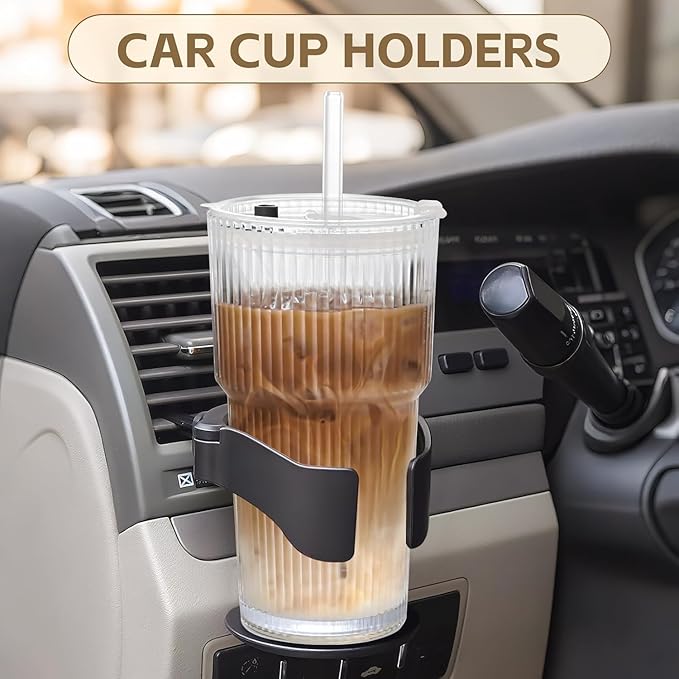 20oz Glass Cups with Lids and Straws,1PCS Ribbed Glass Tumbler with Straw and Lid,Reusable Iced Coffee Cups Drinking Glasses for Juice Whiskey Cocktail