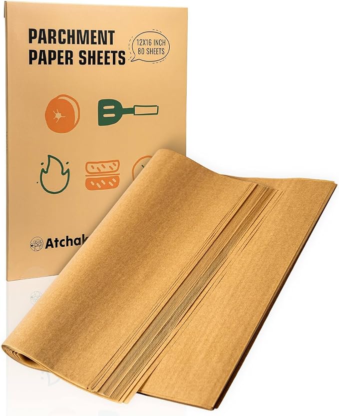 12x16 Parchment Paper Sheets – 80 Precut, Unbleached, Non-Stick Sheets for Half Baking Sheet, Flat-Packed (No Folds/Creases) & Oven Safe, Gift Box for Baking, Air Fryer & Microwave by Atchake