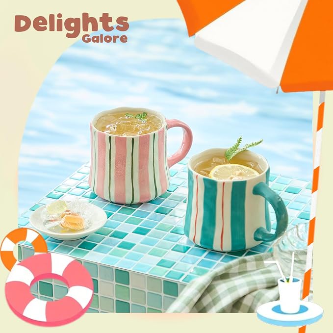 Striped Ceramic Coffee Mugs Set of 2, Pink and Green Stackable Stoneware Mugs for Morning Coffee, Tea & Cocoa, 12oz Dishwasher & Microwave Safe Mug Gift Set for Home & Office - Image 6
