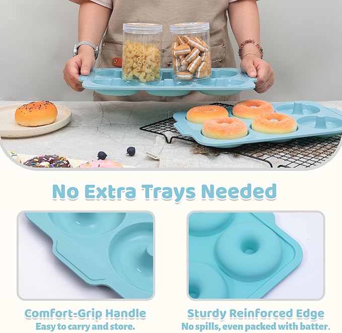 3.5 Inch Nonstick Silicone Donut Pan for Baking with Metal Frame, 1 Pack Donut Molds for Baking, 6 Cavity Doughnut Pan for Oven and Bagel Trays Non Toxic with Handle (Mint Green)