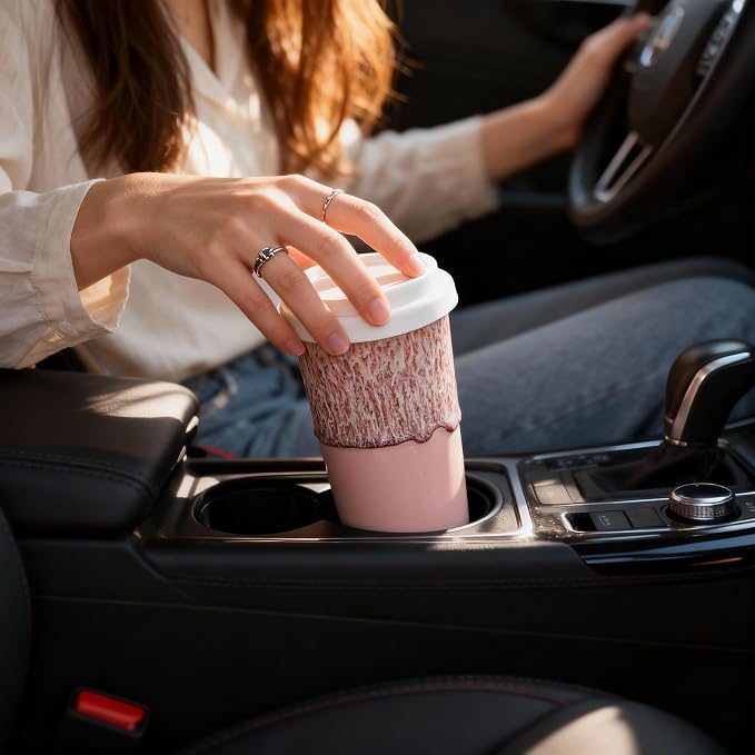 Ceramic Travel Mug with Lid (12 oz) – Cute Aesthetic Coffee Cup for Women, Stylish Reusable Travel Mug, Microwave & Dishwasher Safe, Fits Car Cup Holder (Icy Pink) - Image 4