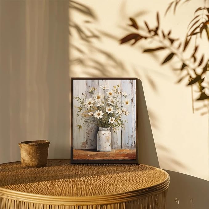XOCUUI Vintage Canvas Wall Art, Modern Gallery Decor Print White Daisy Flower With Leaf In Bottle Theme Picture Artwork For Walls Ready for Kitchen Bedroom Decor Size 8x10 - Image 8