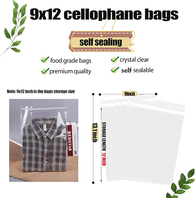 100 pcs Clear 9" x 12" Self Seal Cello Cellophane Bags Resealable Adhensive Plastic Bags 1.4 mils OPP Bag for Packaging Clothing, T Shirts, Art Printings ,A4 Paper, Party Decorative Gift,Acid Free - Image 3