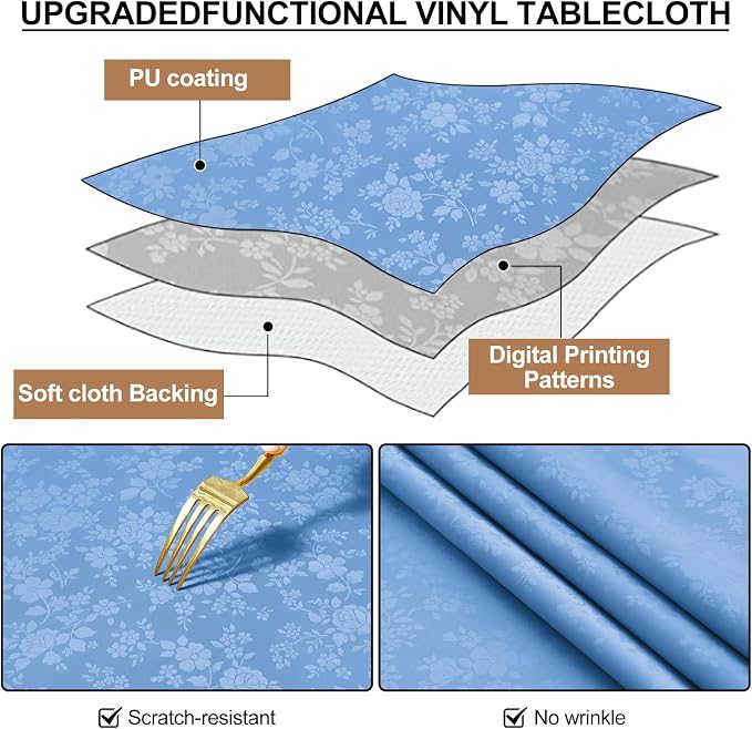 Smiry Rectangle Waterproof Heavy Duty Vinyl Tablecloths, 60 x 102 Inch | Wipeable Washable Floral Embossed Table Cover for Kitchen and Dining Room, Indoor & Outdoor Use, Baby Blue - Image 6