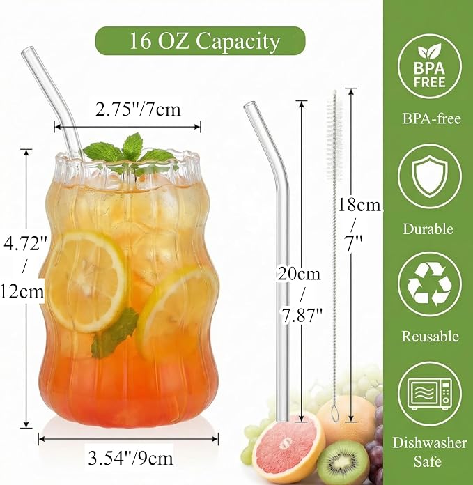 Tebery 4 Pack Cute Drinking Glasses, 16 Oz Ribbed Iced Coffee Cup Tumbler with Straws, Aesthetic Vintage Water Glassware Mug for Cocktail Smoothie Juice Beverage Milk Tea - Image 2