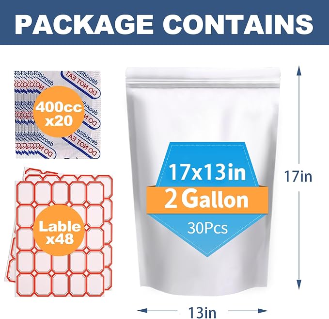 30PCS 2Gallon 17"X13" Mylar Bags for Food Storage with Oxygen Absorbers&Lables,10 Mil Thick Resealable Stand-Up Zipper&Heat Sealable Bags for Long Term Food Storage,Dried Food - Image 2