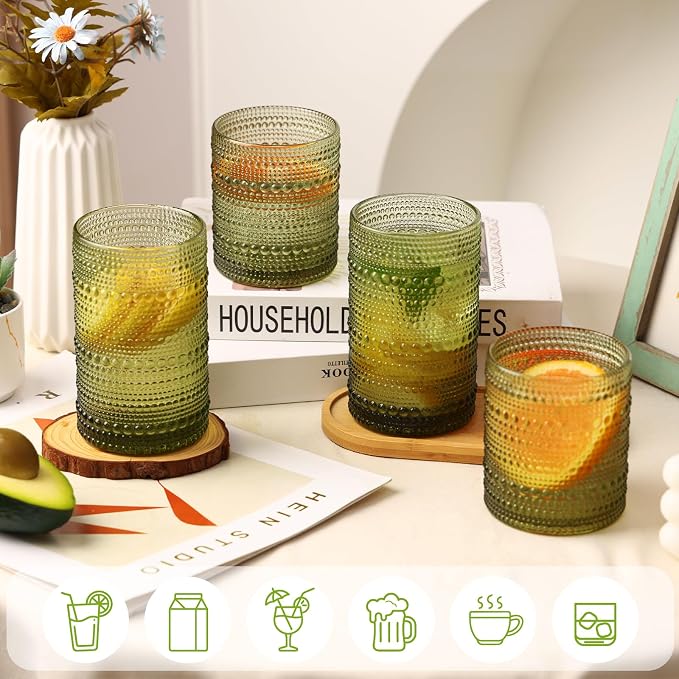 Moretoes Green Hobnail Drinking Glasses Set of 6,Glass Cups | 12 Oz Highball Glasses & 10 Oz Cocktail Glasses, Kitchen Bar Tumbler Glassware Set for Whiskey, Beer, Juice, Milk - Image 4