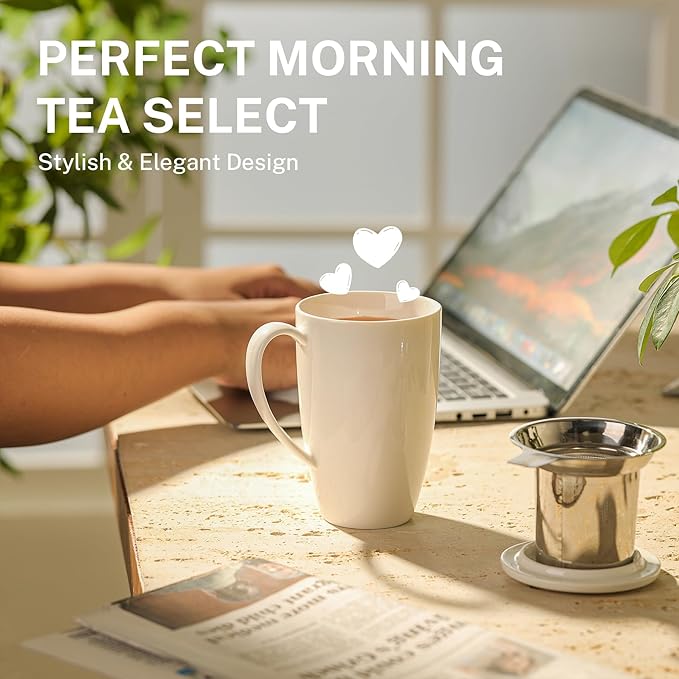 Sweese 15oz Porcelain Tea Mug with Infuser and Lid – Microwave Safe, Ergonomic Handle, Lead-Free Glaze, for Loose Leaf Tea White; - Image 5