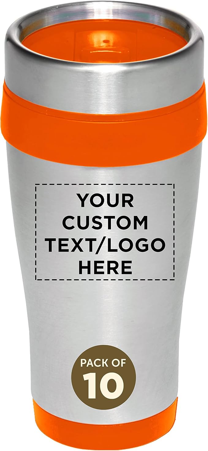Custom Insulated Stainless Steel Travel Mugs 16 oz. Set of 10, Personalized Bulk Pack - Perfect for Coffee, Soda, Other Hot & Cold Beverages - Orange