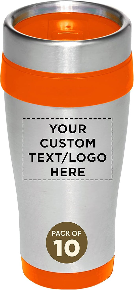 Custom Insulated Stainless Steel Travel Mugs 16 oz. Set of 10, Personalized Bulk Pack - Perfect for Coffee, Soda, Other Hot & Cold Beverages - Orange