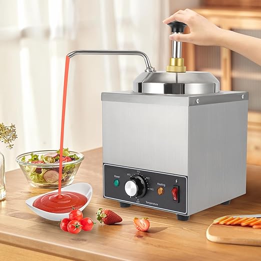Condiment Pump Dispenser, 2L/2.1QT Stainless Steel Sauce Pump Dispense, Chocolate Dispenser Warmer, Condiment Pump Station, Pump Dispenser for Ketchup Dressing Syrup Chocolate, Adjustable Temperature
