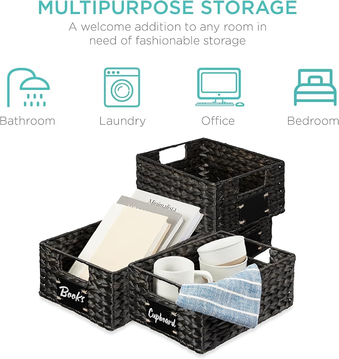 Best Choice Products Set of 4 9x12in Water Hyacinth Pantry Baskets, Woven Organizers w/Chalkboard Label, Chalk Marker - Black - Image 6