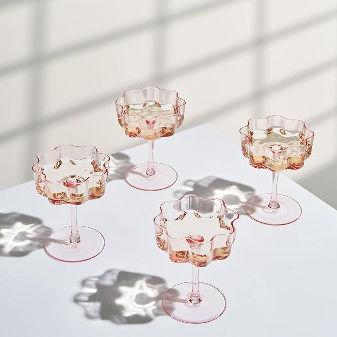 Flower Scalloped Vintage Wavy Petals Wave Glass Coupes 7oz Colorful Martini, Champagne & Cocktails, 4 Set Pink Rippled Champagne Glasses, Elegant Bar Glassware, Unique Aesthetic Coupe Glassware Gifts by Khen