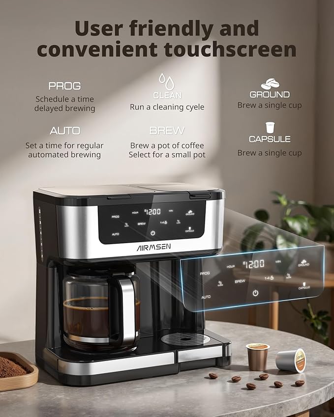 AIRMSEN 12-Cup Programmable Dual Coffee Maker – Single Serve Machine for K-Cup Pods & Ground, 1000W Fast Brew, Delay Start, 2H Keep Warm, Touchscreen, 60oz Tank, Glass Carafe – Home & Office - Image 6