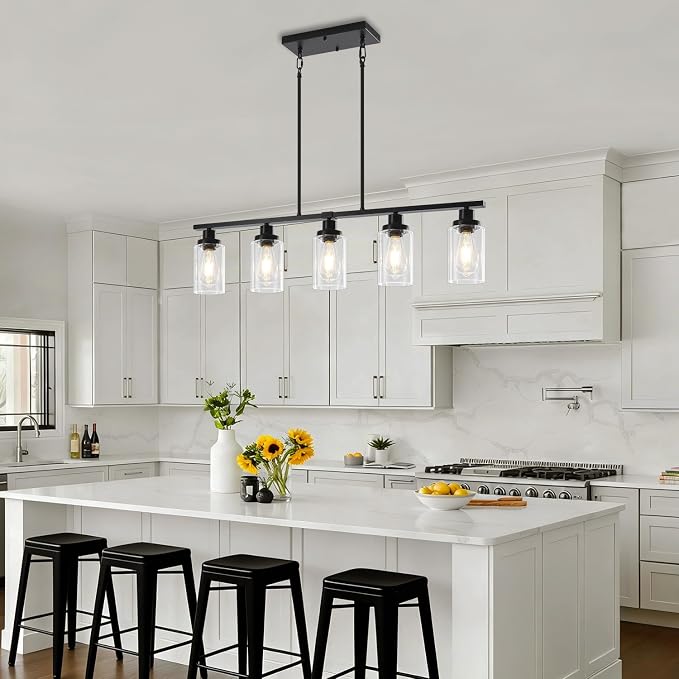 5-Light Black Kitchen Island Lighting, Modern Dining Room Light Fixtures | 37'' Farmhouse Linear Chandeliers Over Table, Island Lights for Kitchen with Clear Glass Shades, Adjustable Height - Image 7