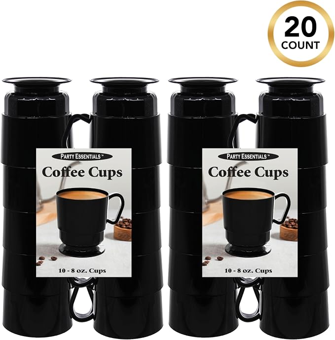 Party Essentials 8-Ounce Hard Plastic Coffee Cup/Tea Mug with Handle, 20-Count, Deluxe Black (Pack of 2) - Image 3