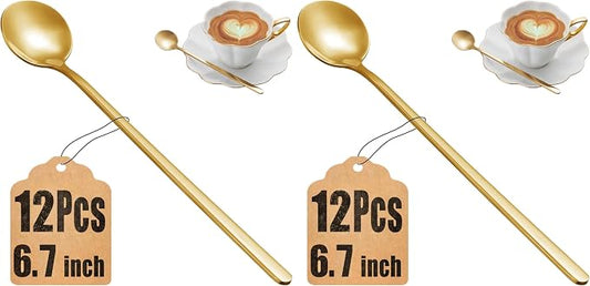 12 Pcs Coffee Spoons Set, 6.7" Gold Tea Spoons Long Handle, Gold Small Teaspoons, Stainless Steel Espresso Spoon, Long Spoon for Stirring, Coffee Bar Accessories (Pack of 2) by MUTNITT