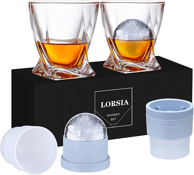 Whiskey Rocks Glass, Set of 4 (2 Crystal Bourbon Glasses, 2 Round Big Ice Ball Molds) In Gift Box - 11 Oz Old Fashioned Glasses for Scotch Cocktail Rum Cognac Vodka Liquor, Unique Gifts for Men by LORSIA