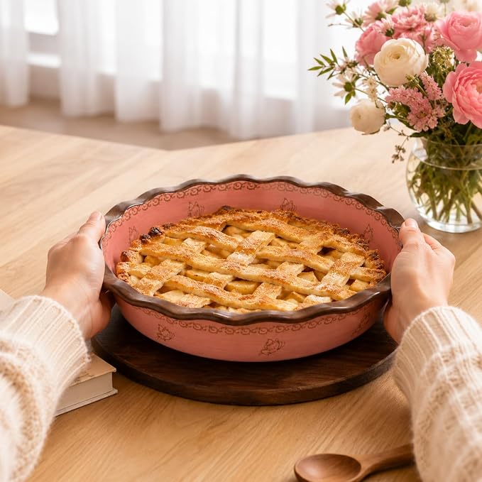 Ceramic Pie Pan for Baking, 10.6 in Hand-Painted Pie Plate for Cooking, 37 oz Deep Dish Pie Pans, Non-Stick Pie Dishes for Apple Pie, Tart, Pizza, Quiche, Oven & Dishwasher Safe, Lead-Free, Pink - Image 6