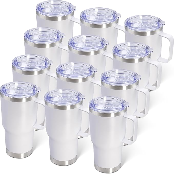 20 oz Tumbler with Handle and Lid Insulated Travel Coffee Mug White 12P | Stainless Steel Tumbler, coffee tumbler with handle,Spill Proof Double Wall Vacuum Tumbler Cup Keep Drink Hot & Cold by ATQTQ