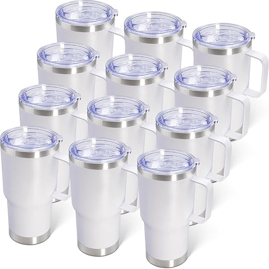 20 oz Tumbler with Handle and Lid Insulated Travel Coffee Mug White 12P | Stainless Steel Tumbler, coffee tumbler with handle,Spill Proof Double Wall Vacuum Tumbler Cup Keep Drink Hot & Cold by ATQTQ