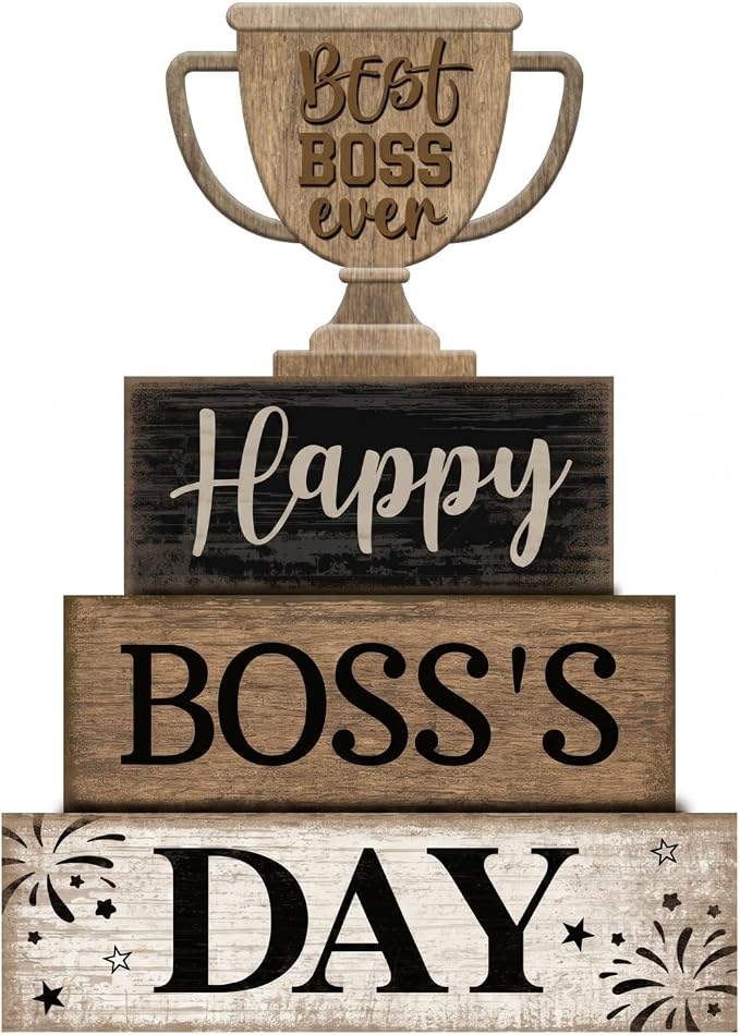 Moucuny 4 Pcs Boss's Day Table Decoration Rustic Trophy Wooden Blocks Decor for Office Desk Best Boss Ever Celebration Centerpiece Ideal Boss Appreciation Gift for Office Celebration by Moucuny