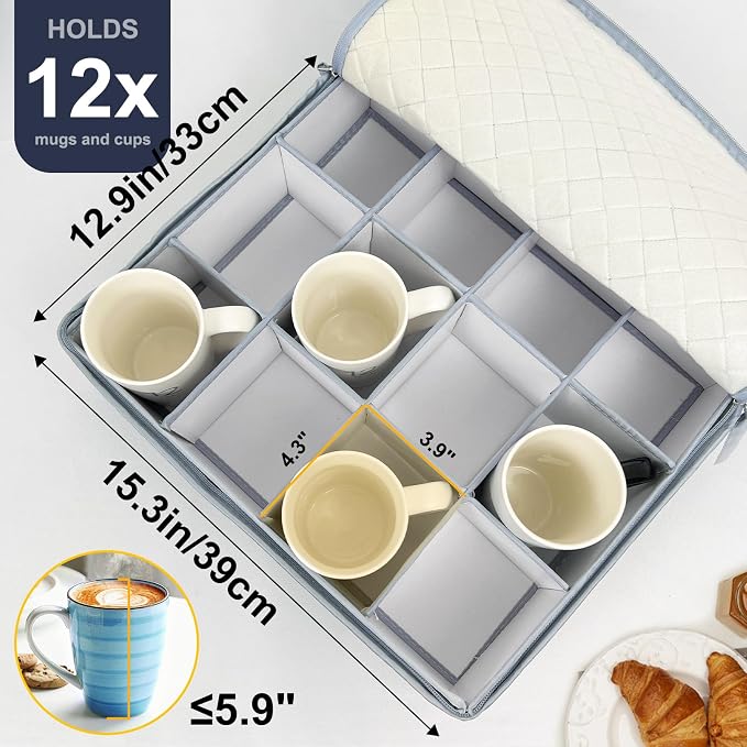Wine Glass and Mug Storage Box with Dividers - 2 Pack China Storage Containers Set Holds 24 Glassware , Stemware，Coffee Mug and Tea Cup, Organizer Bin with Sturdy Metal Zipper,Label and Handles (Grey) - Image 3