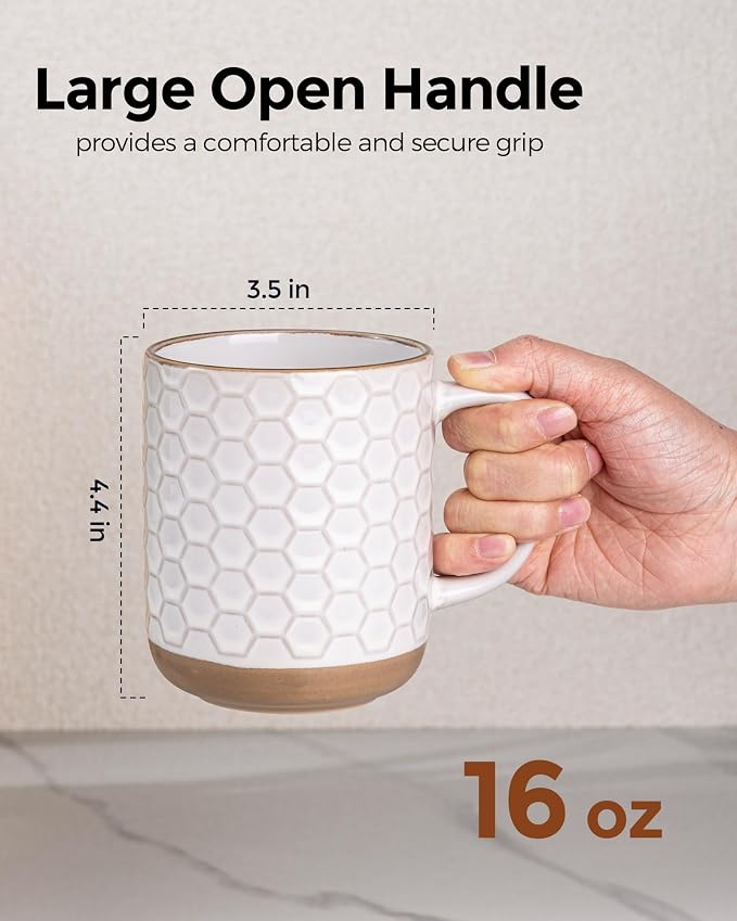 GBhome Large Coffee Mugs Set of 6, 16oz Handmade Stoneware Coffee Mugs Set with Large Handle for Cappuccino/Latte/Tea/Hot Cocoa, Dishwasher & Microwave Safe, Off White - Image 3
