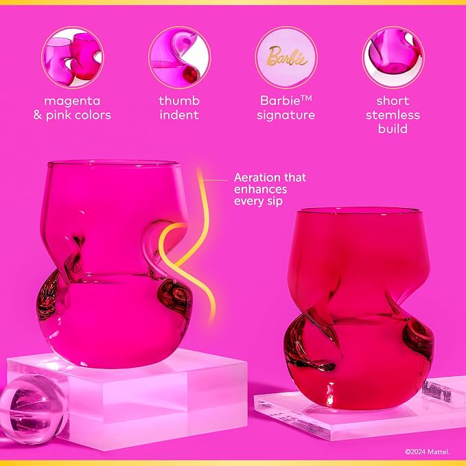Dragon Glassware x Barbie Stemless Wine Glasses, 16 oz Set of 2 | Pink & Magenta Wine Glasses; Stemless Design with Finger Indentations; Aerates Naturally; Official Barbie Merch - Image 4