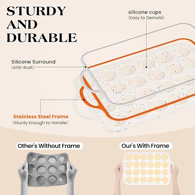 2 Pcs Mini Muffin Pans with Metal Reinforced Frame, 24 Cups Nonstick Silicone Cupcake Tray for Baking, Food Grade Small Muffin Molds with Handles (Cream) | 24 Cups Nonstick Silicone Cupcake Tray for Baking, Food Grade Small Muffin Molds with Handles (C... - Image 2
