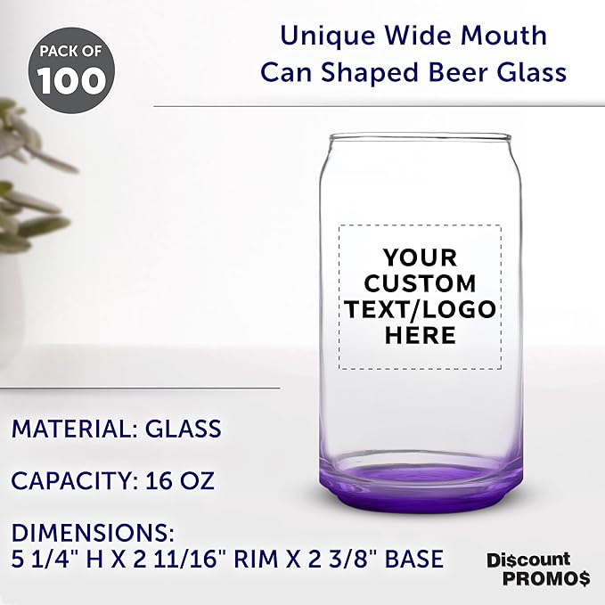 Custom Beer Can Glasses Set of 100, 16 oz. Pint Sized, Promotional Text, Logo, Soda Can Shape, Glassware, Purple