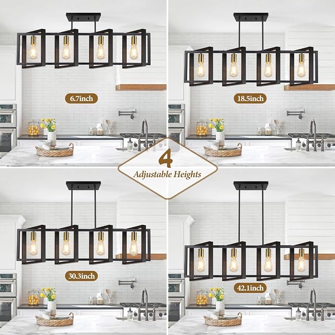 4-Light Dining Room Light Fixture, 53’’ Farmhouse Wood Chandelier Kitchen Island Lighting Over Table, Modern Black Gold Rectangular Hanging Pendant Light Fixture for Living Room, E26 Sockets - Image 4