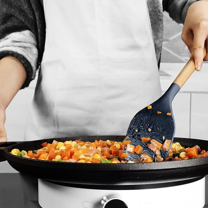 oannao Silicone Cooking Utensils Set - 446°F Heat Resistant Silicone Kitchen Utensils for Cooking,Kitchen Utensil Spatula Set w Wooden Handles, BPA FREE Gadgets for Non-Stick Cookware (Navy Blue) - Image 8