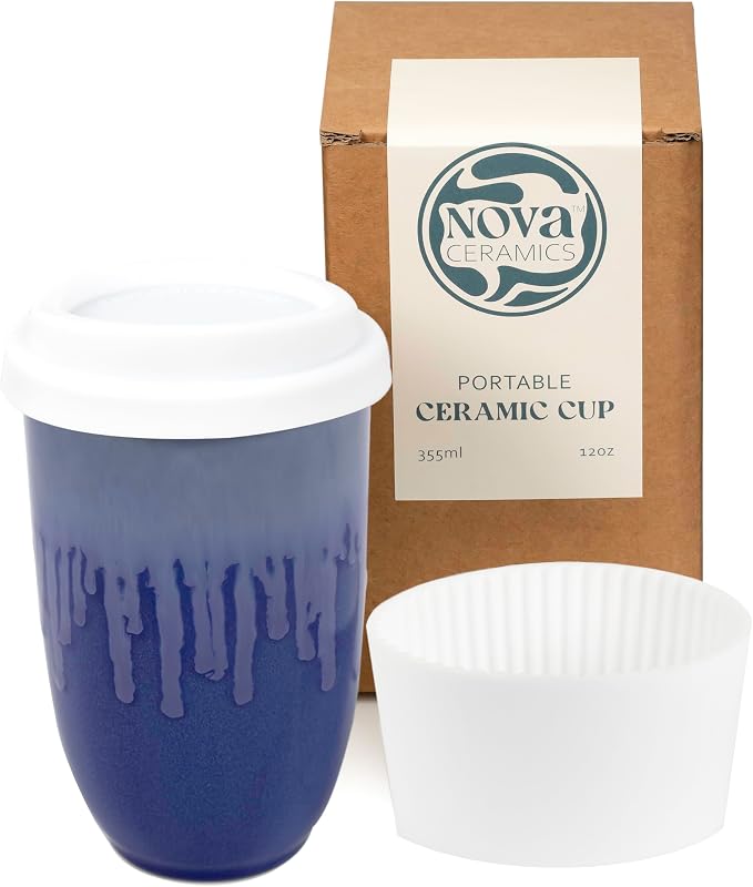 NOVA CERAMICS Ceramic Tumbler– Blue Ceramic Mug – Microwave & Dishwasher Safe Coffee White & Orange Tumbler - Leak-Proof Coffee Travel Mug – 12oz – Neptune by NovaCeramics