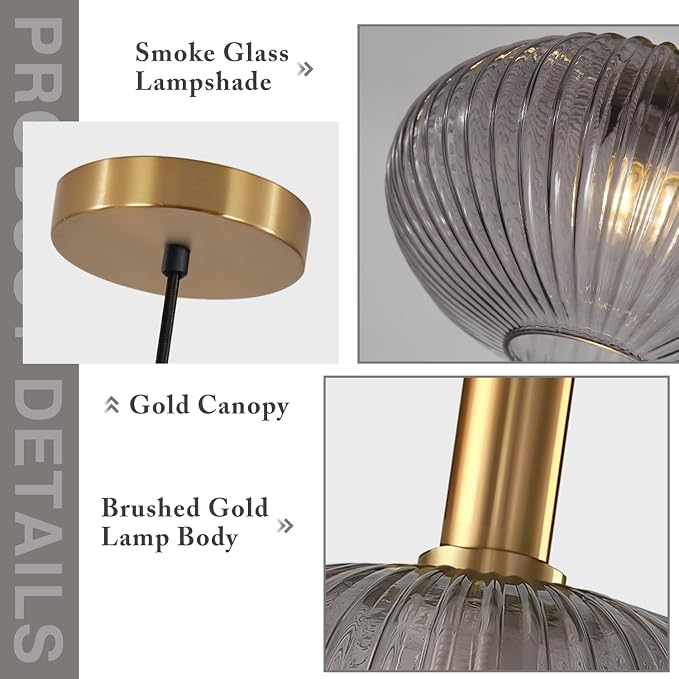 KCO Vintage Gold Brass 11.8” Large Smoke Gray Ribbed Glass Pendant Light | E26 Base, Oval Lantern Shade, Mid Century Modern Adjustable Hanging Lamp for Kitchen Island Dining Room Entryway Bedroom Bar - Image 3