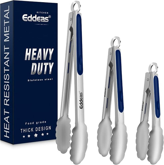 Tongs For Cooking - Heat Resistant 600 Degrees Stainless Steel Kitchen Tong, Heavy Duty Metal Locking Tongs - For Food,Salad, grilling, BBQ 7",9" & 12 inch, set of 3 Dishwasher Safe Blue by Eddeas