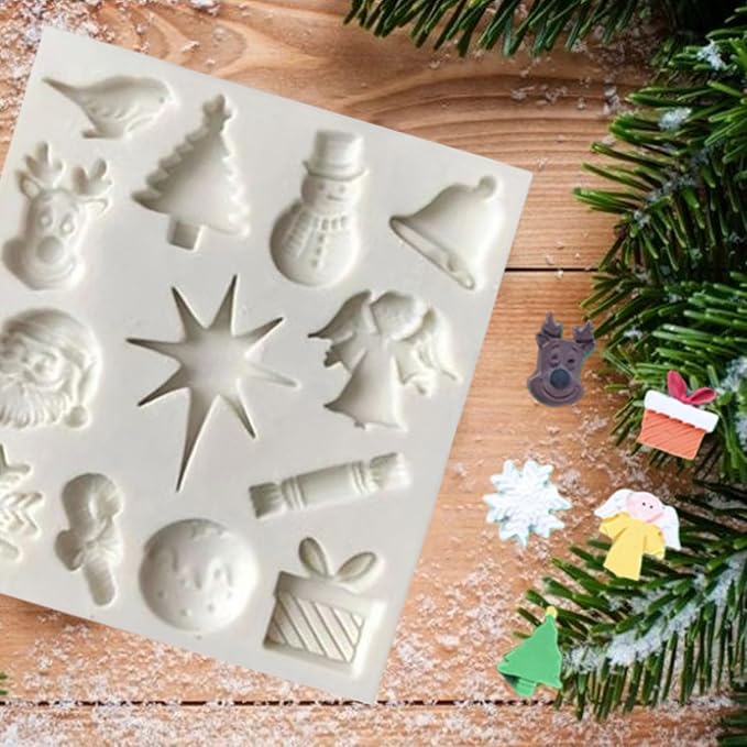 1 Pcs Christmas Chocolate Molds Silicone with Santa Claus Christmas Tree Bell Snowflake Elk Xmas Gift Design Silicone Molds for Baking Soap Candles Candy Ice Cube Jelly Handmade Chocolate Molds