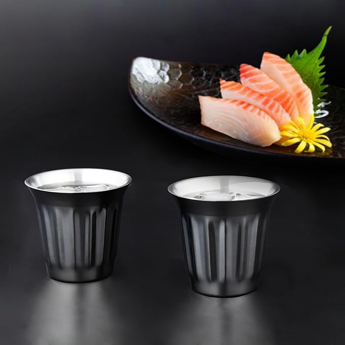 Easyworkz Stainless Steel Double-Wall Espresso Cups 5 oz Set of 2, Vertical Stripe Design, Gunmetal