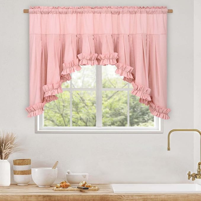 Likiyol Linen Valances for Windows Farmhouse Ruffle Swag Valance Rustic Country Window Valances Light Filtering Kitchen Curtains Rod Pocket Valance Curtains for Bathroom Cafe, Pink, 60" W x 36" L - Image 3